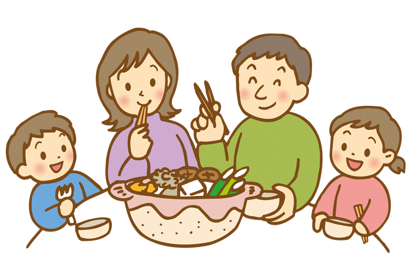 お鍋を家族で食べているイラスト